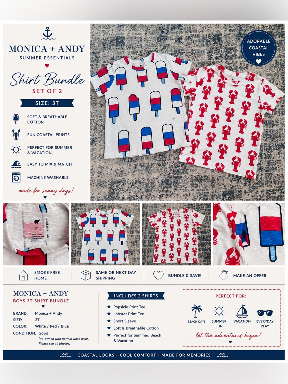 Monica + Andy Boys 3T Popsicle & Lobster T-Shirts Bundle of 2